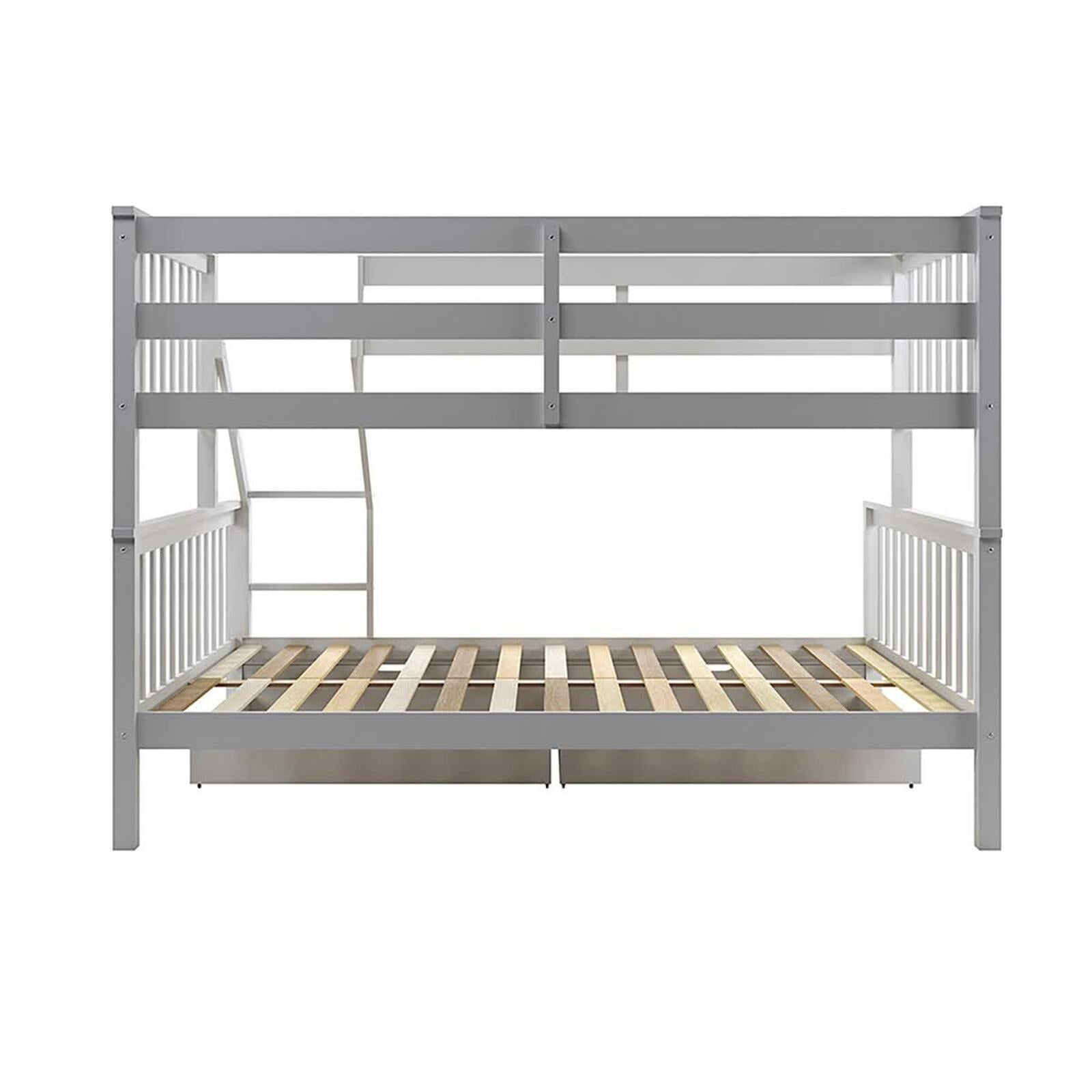 Nero Natural Pine Triple Bunk Bed with Storage Drawers Grey features a sturdy white wooden frame with vertical slats, integrated ladder, and spacious storage drawers, ideal for maximizing space in kids' rooms.