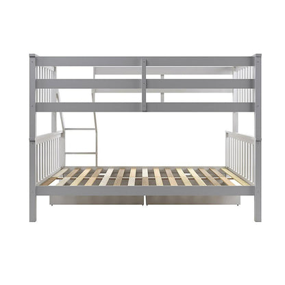 Nero Natural Pine Triple Bunk Bed with Storage Drawers Grey features a sturdy white wooden frame with vertical slats, integrated ladder, and spacious storage drawers, ideal for maximizing space in kids' rooms.