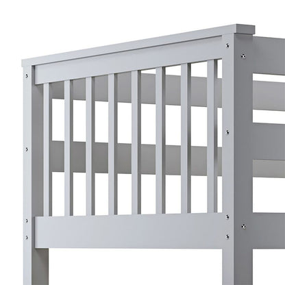 Close-up of the Nero Natural Pine Triple Bunk Bed with Storage Drawers Grey, showcasing the sturdy timber frame, vertical railings, and integrated ladder for easy access and safety.