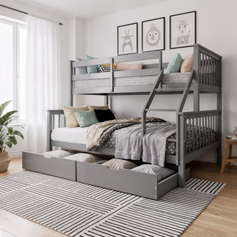 Nero Natural Pine Wood Bunk Bed with Twin Drawers in Grey, featuring a full-size bed below, twin bunk above with integrated ladder, two pull-out drawers, and child-friendly animal illustrations overhead.