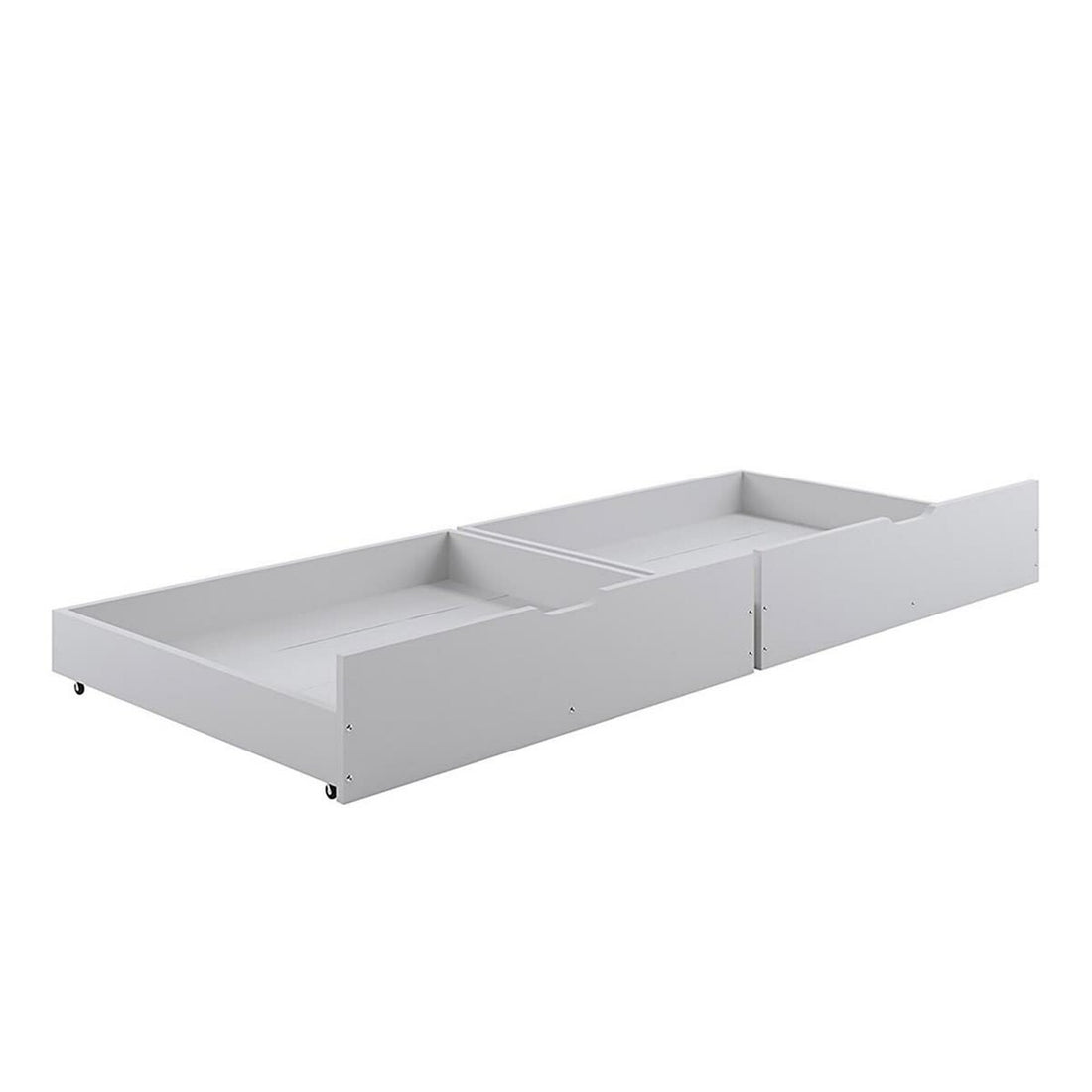 Nero Natural Pine Triple Bunk Bed with Storage Drawers – White, featuring a single top bunk, double bottom bunk, and built-in drawers, showcases a sturdy white pine frame with safety guardrails and ladder.