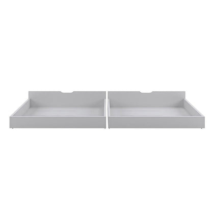 Nero Natural Pine Triple Bunk Bed with Storage Drawers – White, featuring a single top bunk, double bottom bunk, built-in ladder, full-length guardrails, and visible white drawers on a shelf.