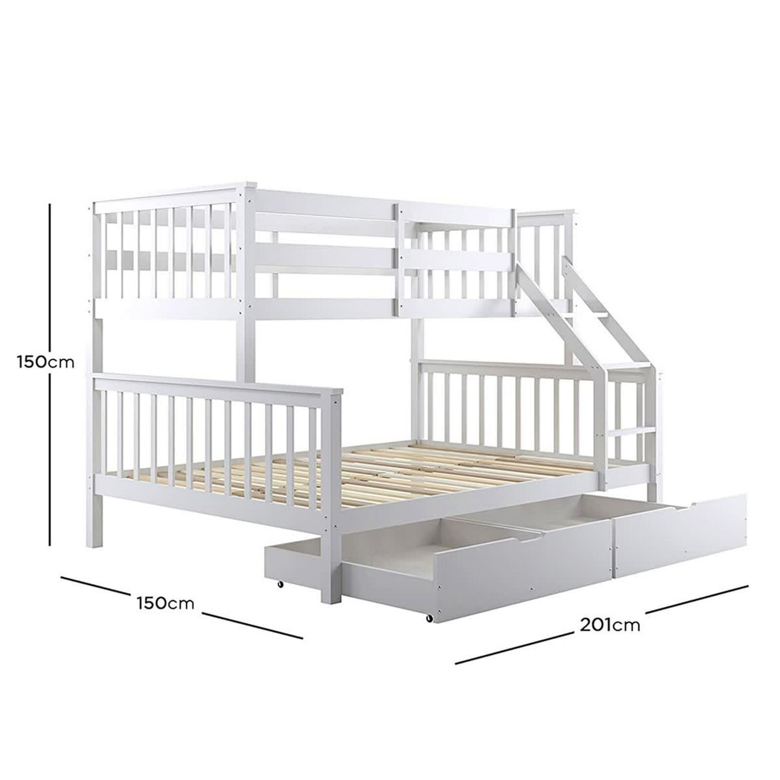 Nero Natural Pine Triple Bunk Bed – White features a sleek, white finish with a sturdy built-in ladder and full-length guardrails, showcasing a single top and double bottom bunk in solid pine wood construction.