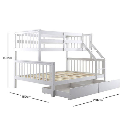 Nero Natural Pine Triple Bunk Bed – White features a sleek, white finish with a sturdy built-in ladder and full-length guardrails, showcasing a single top and double bottom bunk in solid pine wood construction.