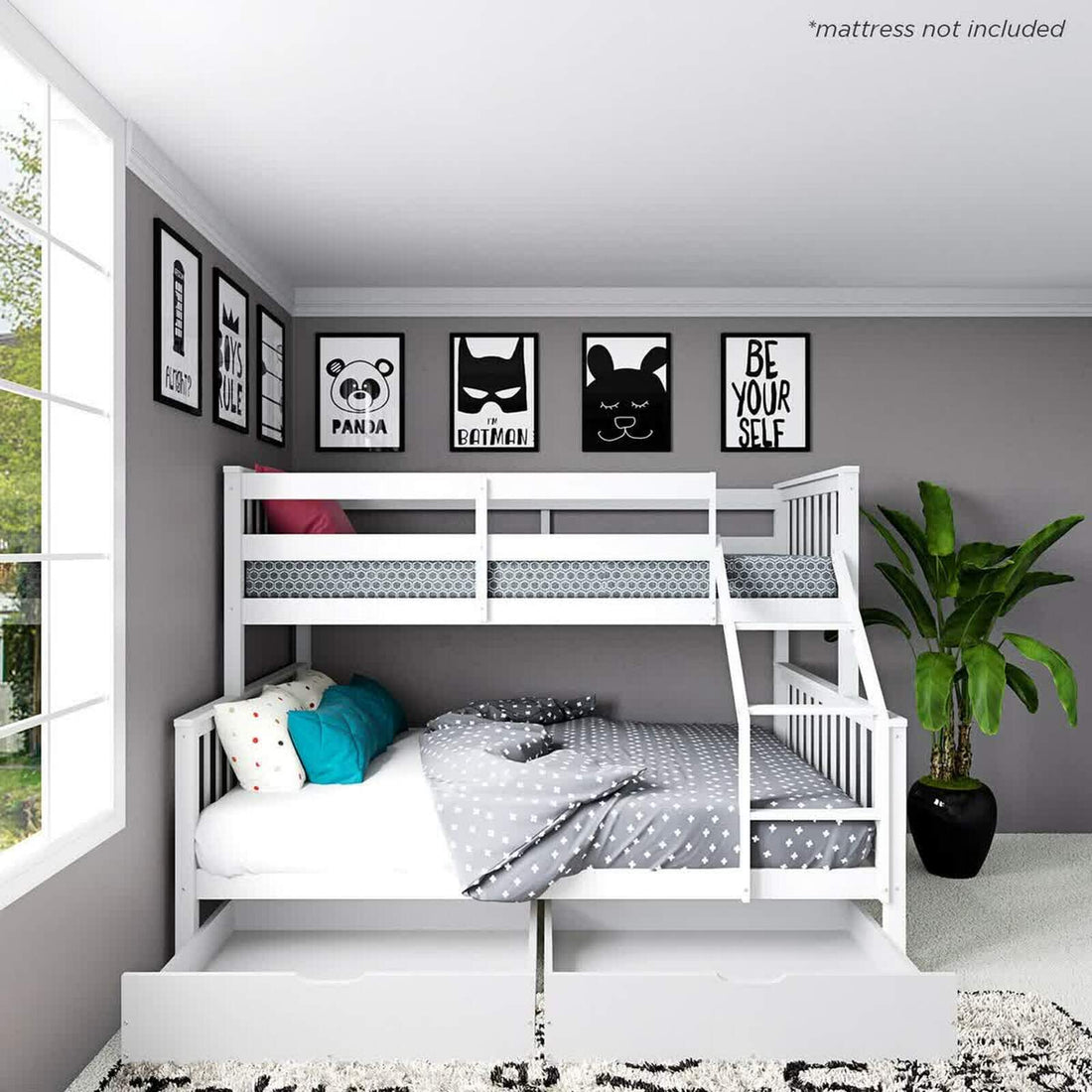 Nero Natural Pine Triple Bunk Bed in White featuring a single top bunk over a double bottom bunk, with a sturdy ladder and full-length guardrails, in a minimalist room setting.
