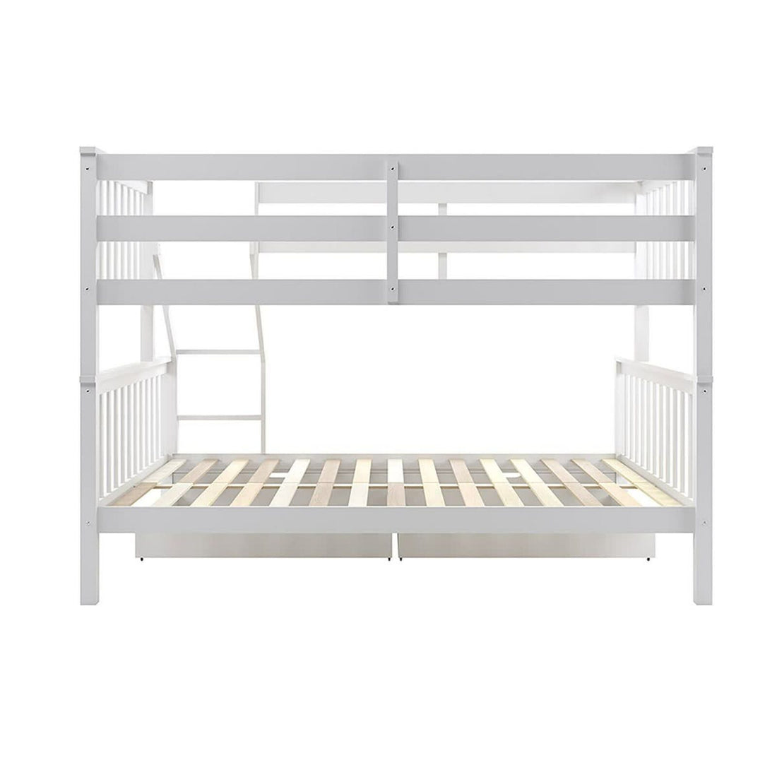 Nero Natural Pine Triple Bunk Bed – White, showcasing a sturdy wooden frame with a top single and bottom double bed, includes a secure built-in ladder and full-length guardrails.
