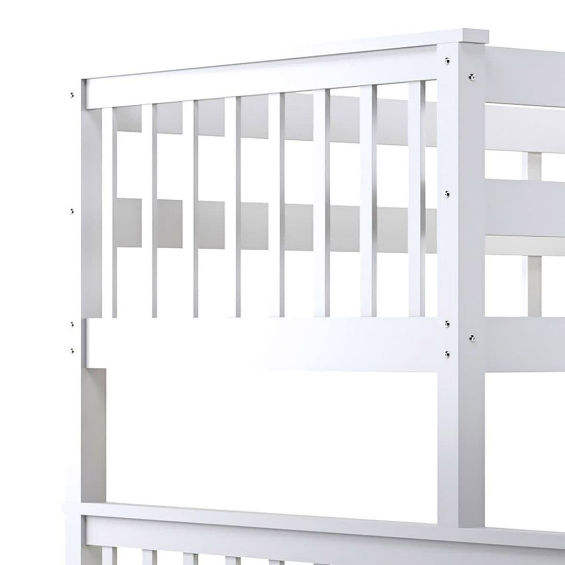 Nero Natural Pine Triple Bunk Bed with Storage Drawers in white, featuring a sturdy built-in ladder and full-length guardrails. The multifunctional design includes a single top bunk and double bottom bunk.