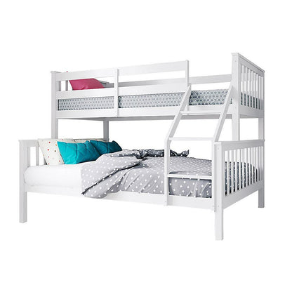 Nero Natural Pine Triple Bunk Bed – White, showcasing a sturdy white triple bunk design with a single top and double bottom bed, integrated ladder, and full-length guardrails. Perfect for modern, space-saving interiors.
