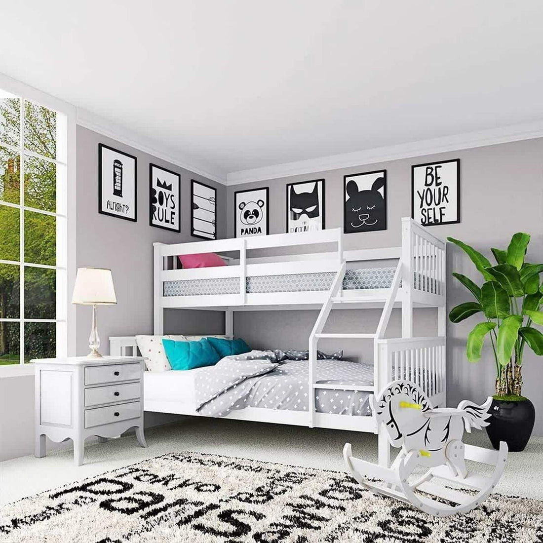 Nero Natural Pine Triple Bunk Bed – White, featuring a sleek design with a single top and double bottom bed, sturdy built-in ladder, and full-length guardrails, ideal for modern interiors.