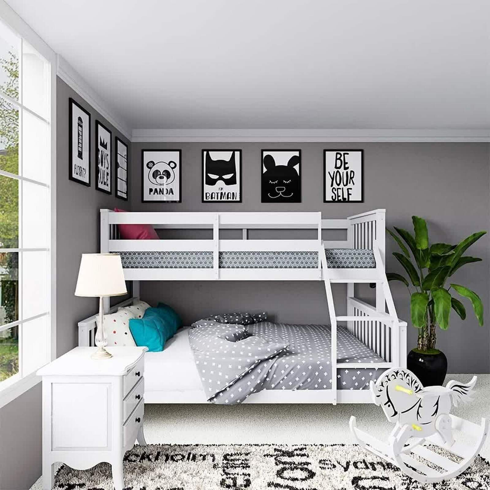 Nero Natural Pine Triple Bunk Bed – White in a room, showcasing a single top and double bottom bed with a built-in ladder, emphasizing its sleek design and sturdy pine wood construction.