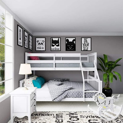 Nero Natural Pine Triple Bunk Bed – White in a room, showcasing a single top and double bottom bed with a built-in ladder, emphasizing its sleek design and sturdy pine wood construction.