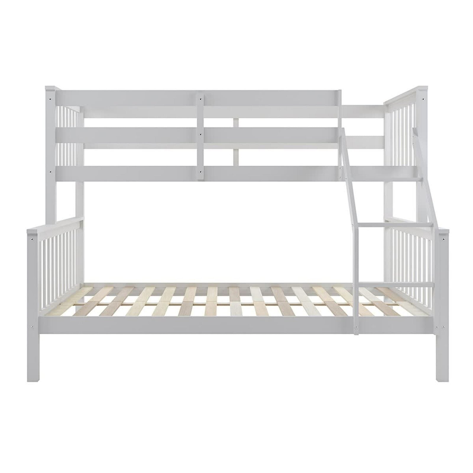 Nero Natural Pine Triple Bunk Bed – White featuring a single top bunk, double bottom bunk, sturdy built-in ladder, and full-length guardrails, crafted from solid pine wood with a smooth finish.