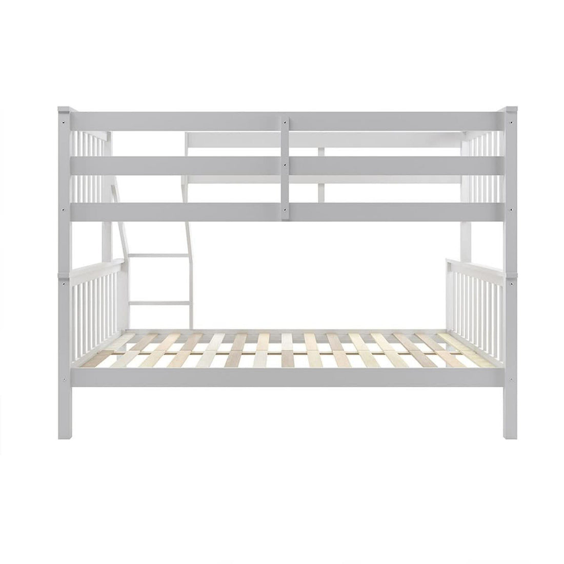 Nero Natural Pine Triple Bunk Bed – White, showing a sturdy wooden frame with a top single bed and bottom double bed, featuring a built-in ladder and safety guardrails.