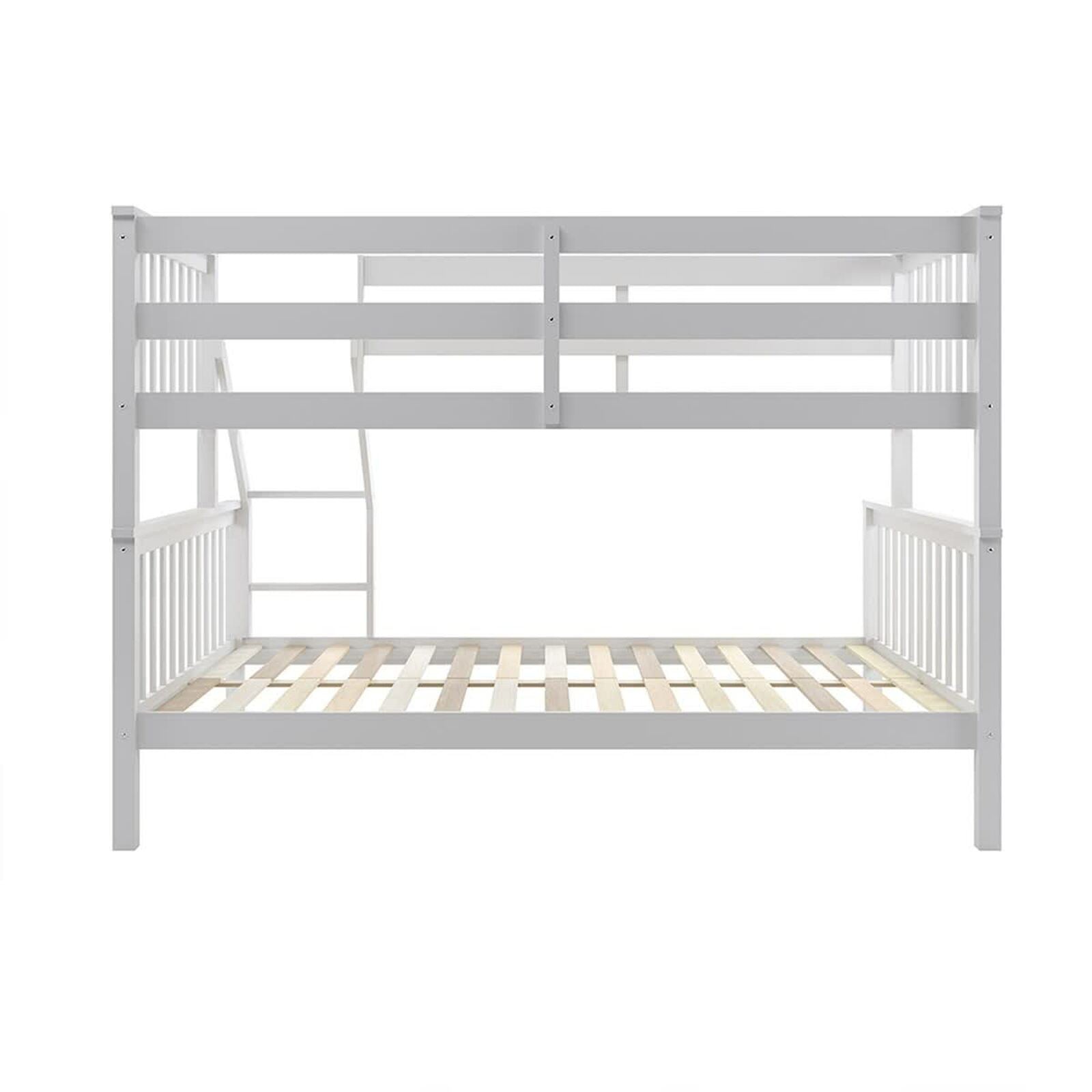 Nero Natural Pine Triple Bunk Bed – White, showing a sturdy wooden frame with a top single bed and bottom double bed, featuring a built-in ladder and safety guardrails.