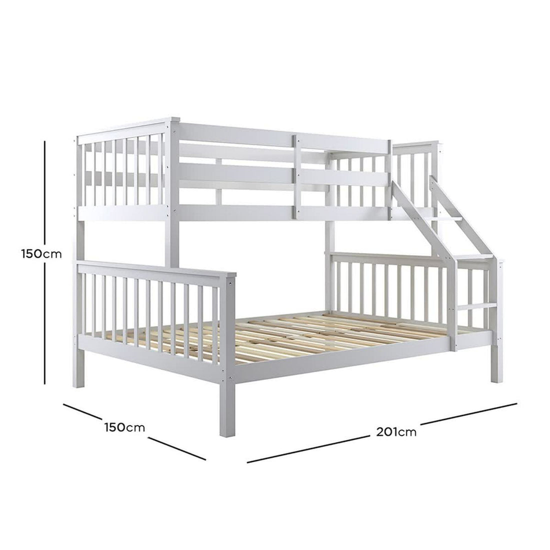 Nero Natural Pine Triple Bunk Bed – White; features a sleek white finish, single top and double bottom beds, solid pine construction, built-in ladder, and full-length guardrails.