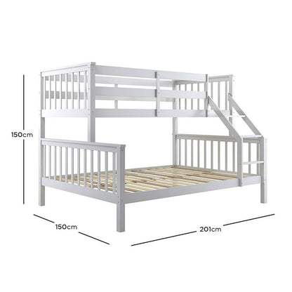 Nero Natural Pine Triple Bunk Bed – White; features a sleek white finish, single top and double bottom beds, solid pine construction, built-in ladder, and full-length guardrails.