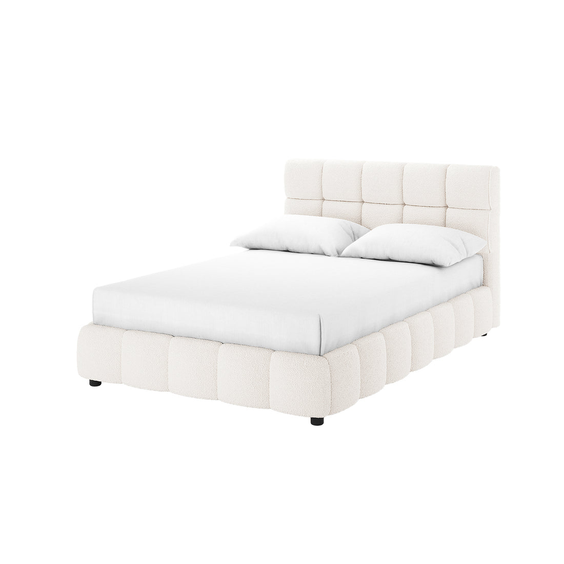 Nikias Double Boucle Fabric Bed Frame in Cream White features a low-profile design with a quilted headboard and padded base, dressed in luxurious bouclé fabric with white bedding.