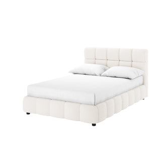Nikias Double Boucle Fabric Bed Frame in Cream White features a low-profile design with a quilted headboard and padded base, dressed in luxurious bouclé fabric with white bedding.