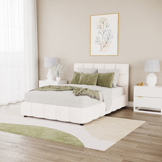 Nikias Double Bouclé Fabric Bed Frame in Cream White features a plush, tufted headboard in soft bouclé fabric, complemented by light gray bedding and green accents in a serene bedroom setting.