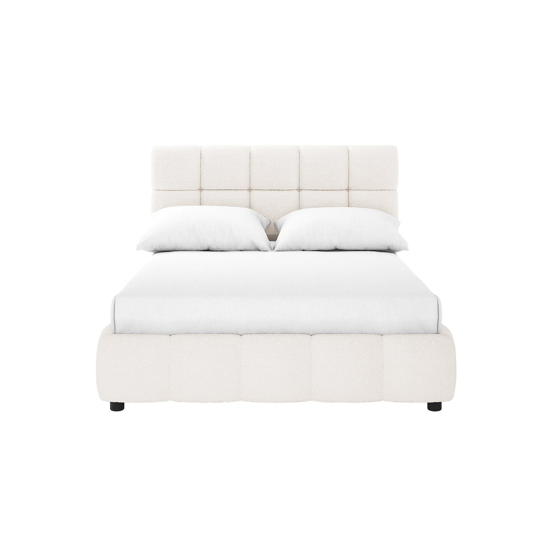 Nikias Double Bouclé Fabric Bed Frame in Cream White featuring a grid-tufted headboard and low footboard, upholstered in plush bouclé fabric, with fitted white sheet and matching pillows.