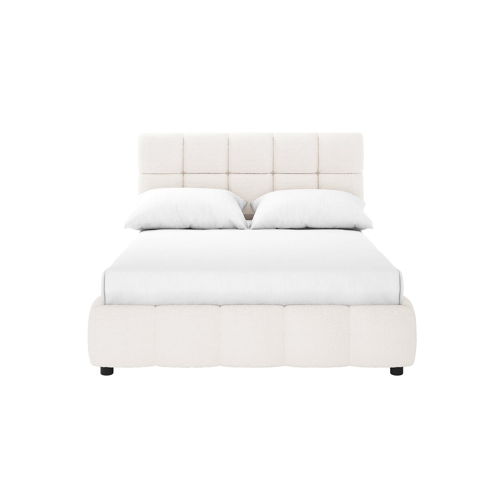 Nikias Double Bouclé Fabric Bed Frame in Cream White featuring a grid-tufted headboard and low footboard, upholstered in plush bouclé fabric, with fitted white sheet and matching pillows.