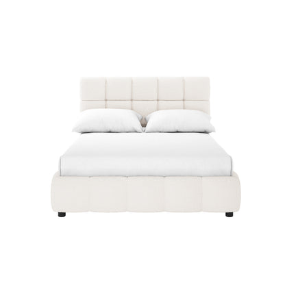 Nikias Double Bouclé Fabric Bed Frame in Cream White featuring a grid-tufted headboard and low footboard, upholstered in plush bouclé fabric, with fitted white sheet and matching pillows.