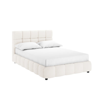 Nikias Double Bouclé Fabric Bed Frame in Cream White features a tufted headboard with grid stitching, matching low-profile base, and a white-sheeted mattress with two pillows, epitomizing modern luxury.