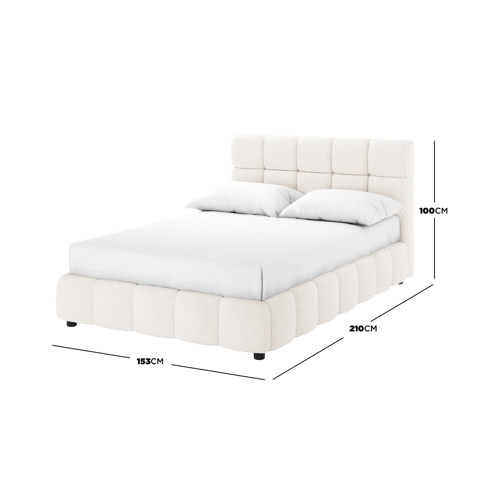 Nikias Double Bouclé Fabric Bed Frame in Cream White, featuring a grid-tufted headboard and footboard, black cylindrical feet, and dimensions overlay. A plush, modern design offering luxury and comfort.