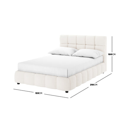 Nikias Double Bouclé Fabric Bed Frame in Cream White, featuring a grid-tufted headboard and footboard, black cylindrical feet, and dimensions overlay. A plush, modern design offering luxury and comfort.
