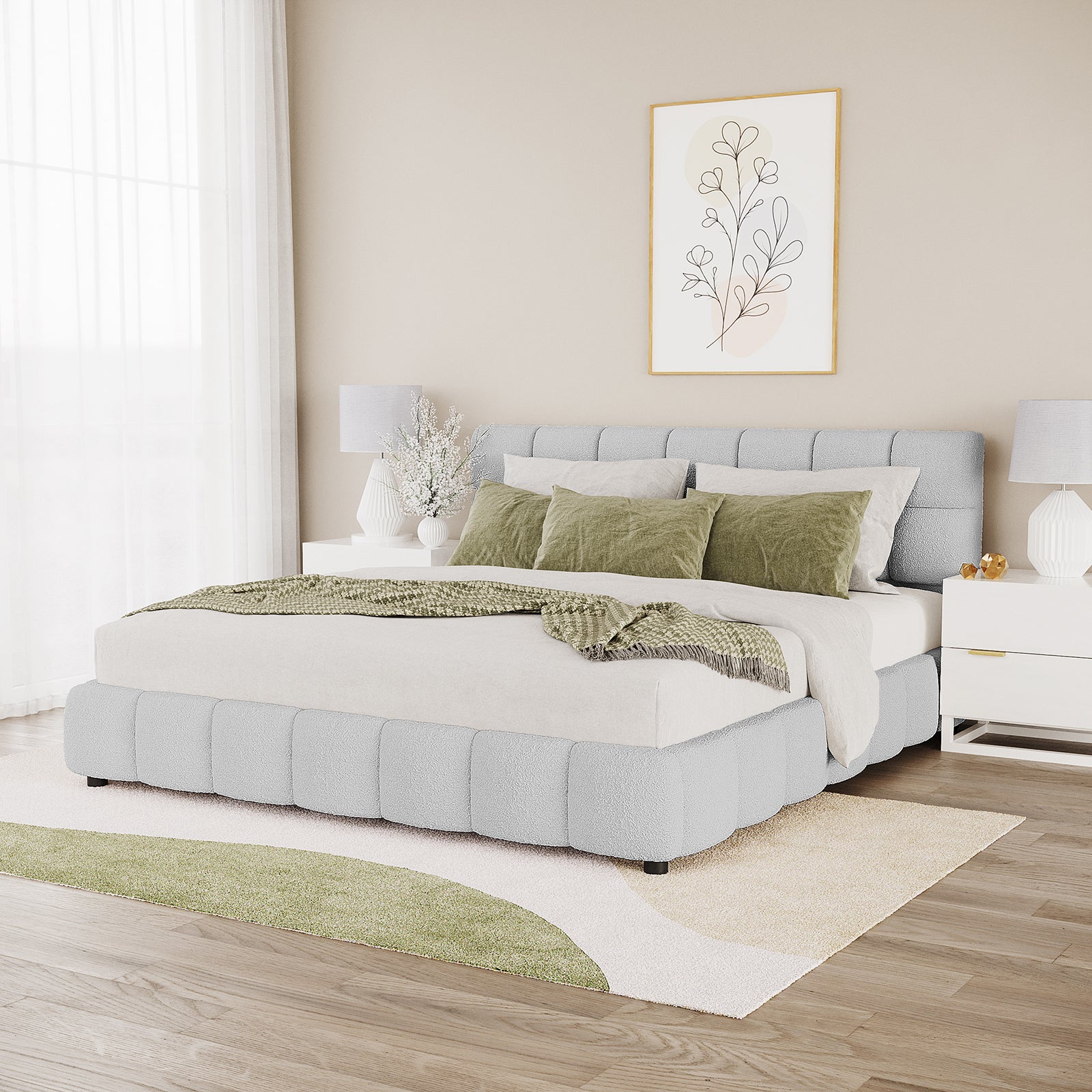 Nikias King Boucle Fabric Bed Frame in Light Grey features a tall, tufted headboard. Styled with neutral bedding, green accents, and white nightstands, it creates a serene, modern bedroom ambiance.