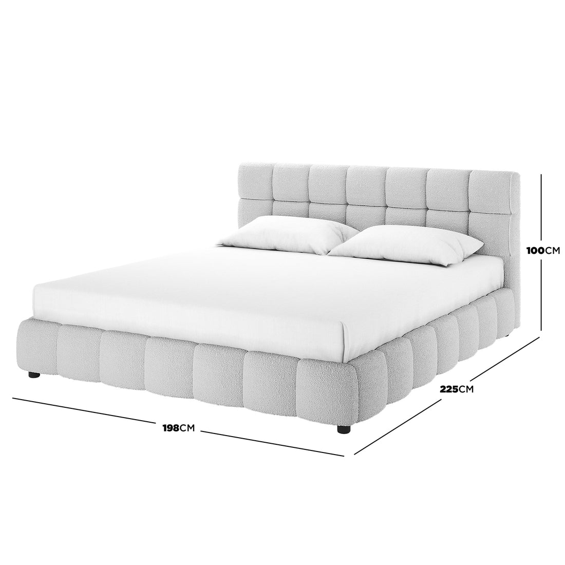 Nikias King Bouclé Fabric Bed Frame in Light Grey features a quilted, upholstered platform with a plush, tufted headboard, 198 cm wide and 225 cm long, perfect for spacious bedrooms.