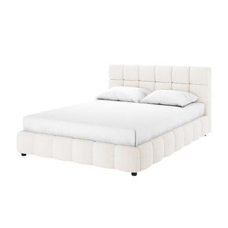 Nikias Queen Bouclé Fabric Bed Frame in Cream White featuring a square-tufted headboard and matching panels, upholstered in plush bouclé fabric, with a white mattress and pillows.