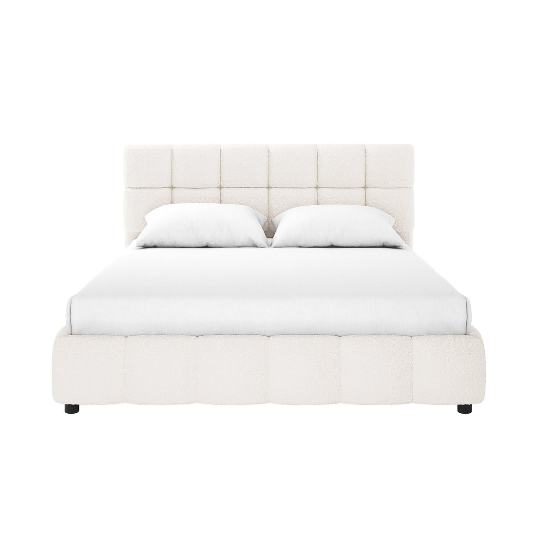 Nikias Queen Bouclé Fabric Bed Frame in Cream White; features a modern, low tufted base and headboard, both upholstered in soft bouclé fabric, showcasing a luxurious, elegant design ideal for contemporary bedrooms.