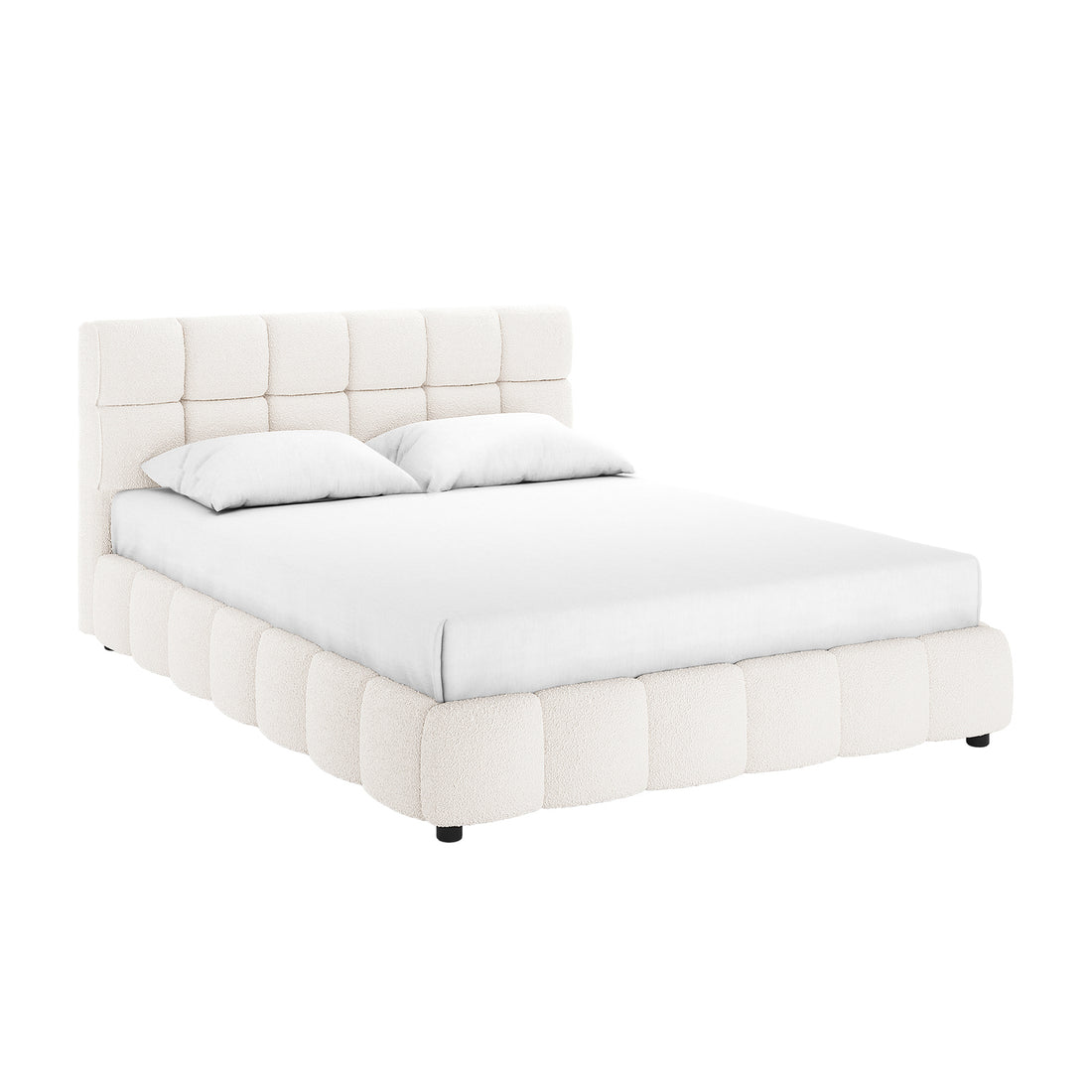 Nikias Queen Bouclé Fabric Bed Frame in Cream White features a low, rounded frame with a tall, tufted headboard, all upholstered in textured bouclé fabric, complemented by a simple white mattress.