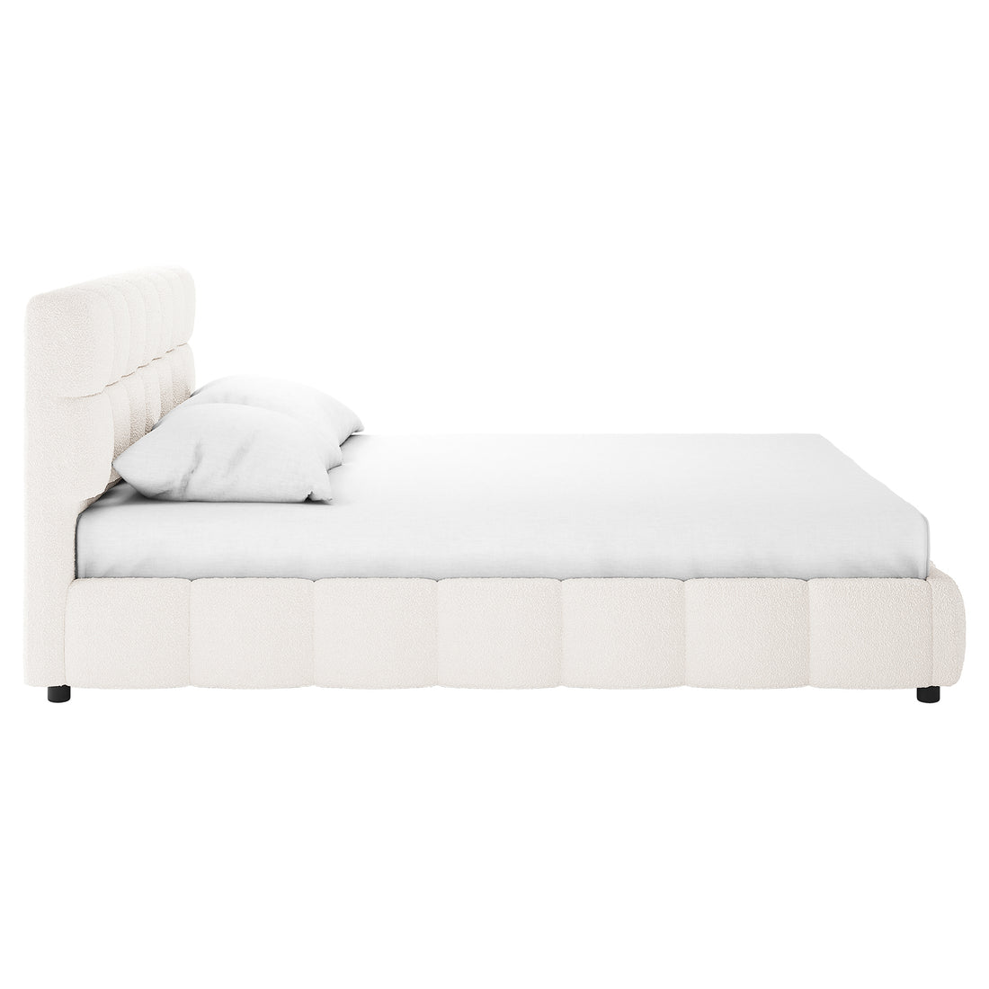 Nikias Queen Boucle Fabric Bed Frame in Cream White, featuring a plush, vertically tufted headboard, upholstered in soft bouclé fabric, with a minimalist design, resting on small black feet.