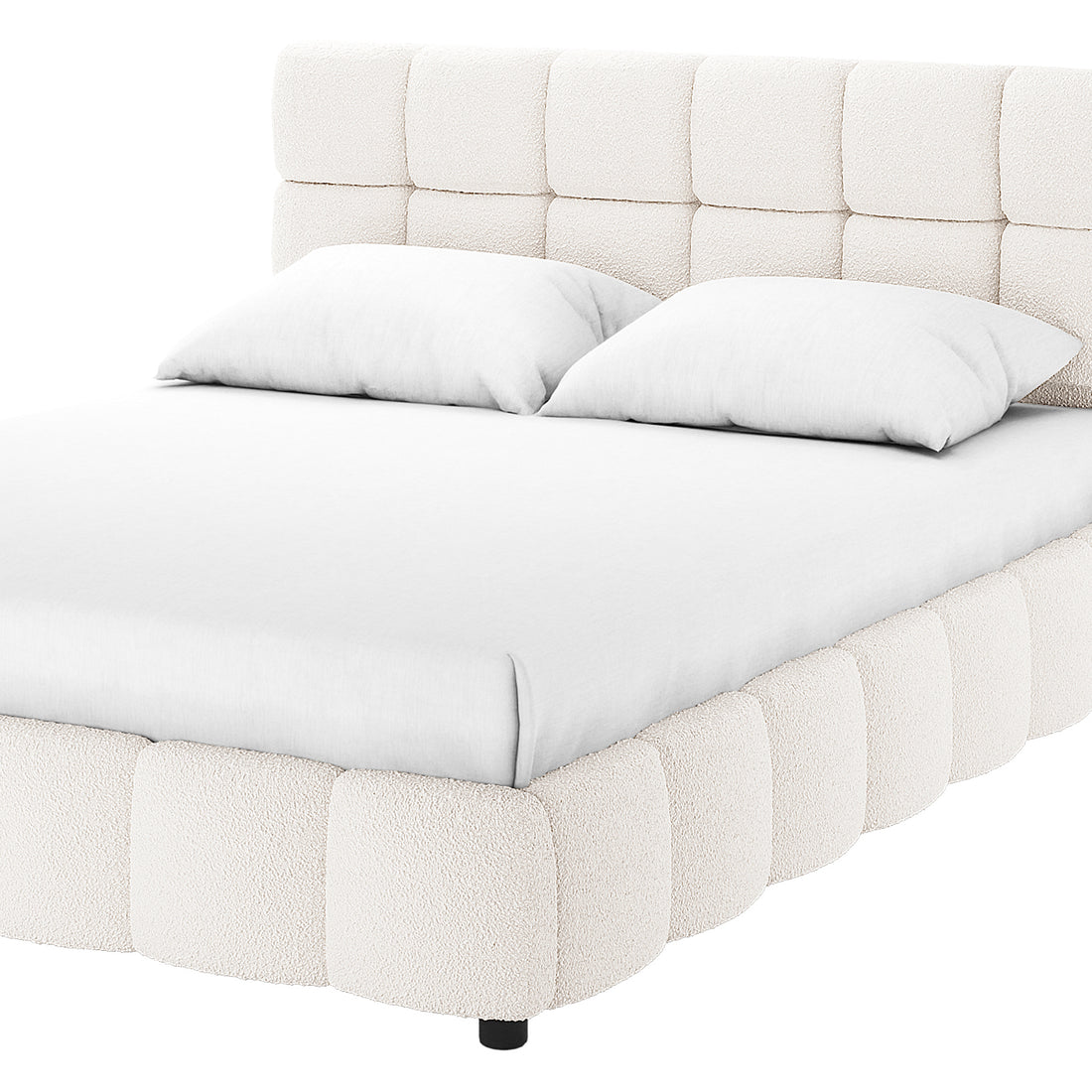 Nikias Queen Bouclé Fabric Bed Frame in Cream White, featuring a plush tufted headboard and low-profile rails in off-white bouclé fabric, dressed in crisp white bedding with matching pillows.