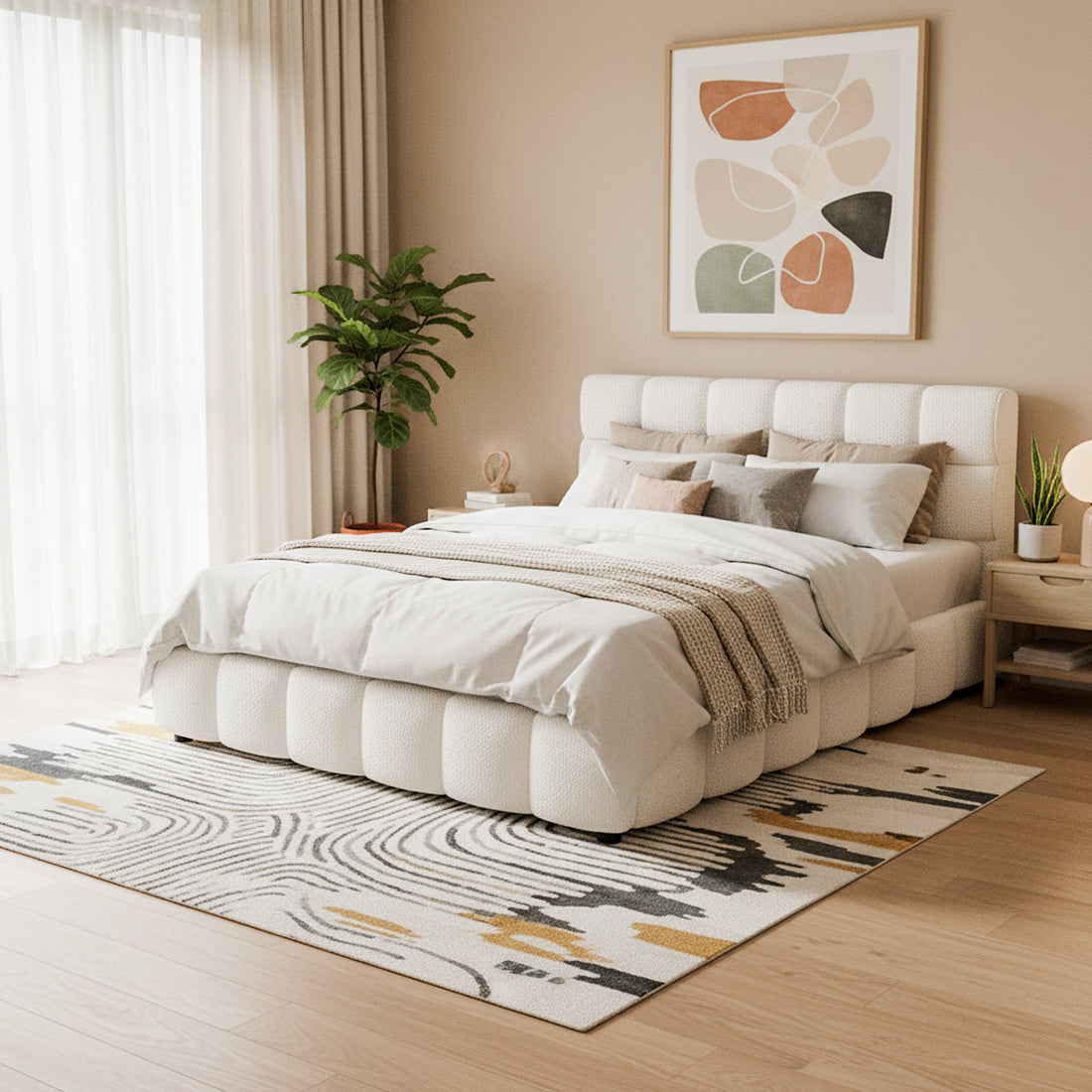 Nikias Queen Bouclé Fabric Bed Frame in Cream White, featuring a plush tufted headboard and base, set in a modern bedroom with abstract art, sheer curtains, and a wooden nightstand.