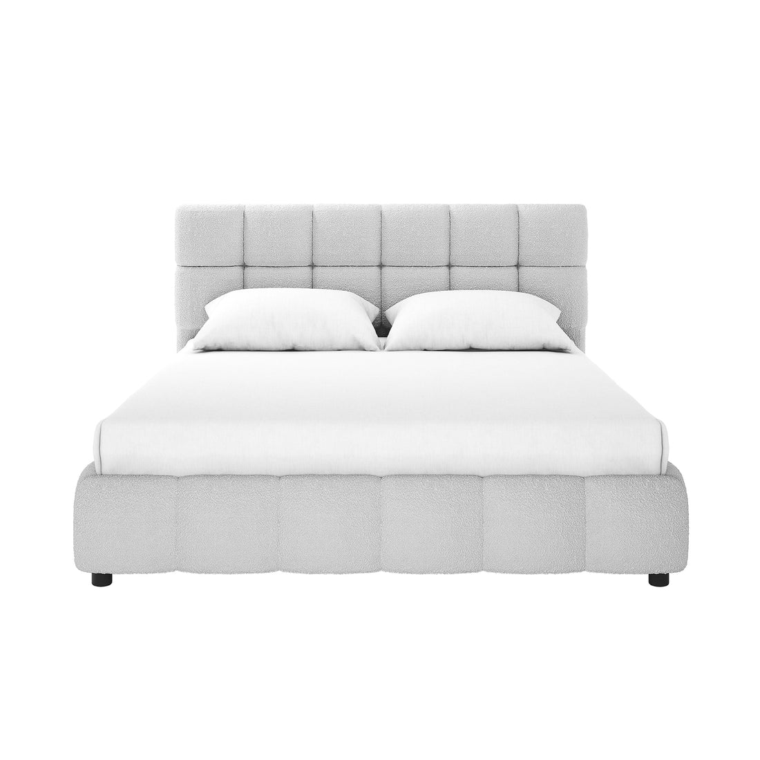 Nikias Queen Bouclé Fabric Bed Frame in Light Grey features a tufted headboard and footboard, white mattress cover, and pillows, showcasing modern elegance with its plush, textured design.