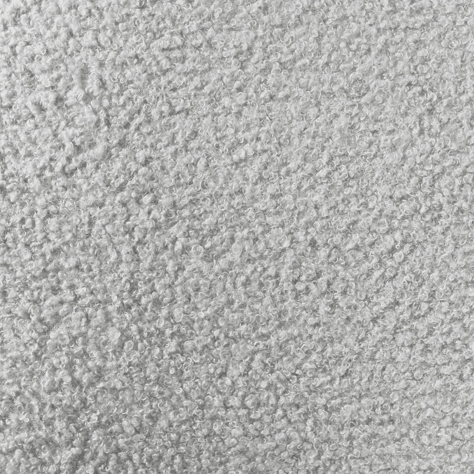 Nikias Queen Bouclé Fabric Bed Frame in Light Grey features a close-up of looped fibers, showcasing the soft, textured bouclé upholstery. The tightly zoomed-in textile emphasizes its plush, inviting texture.