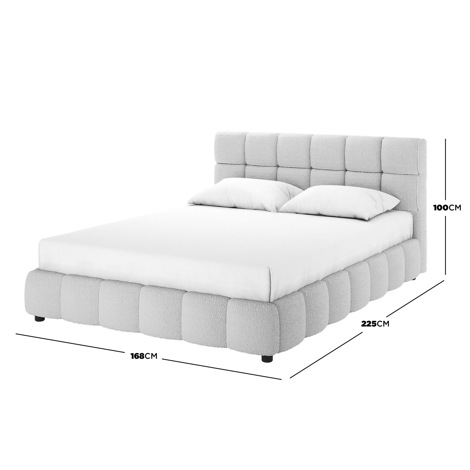 Nikias Queen Bouclé Fabric Bed Frame in Light Grey features a tufted, padded headboard and a low-profile, rounded-edge frame in off-white bouclé fabric, including two matching pillows.