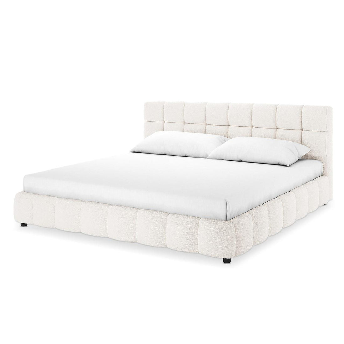 Nikias Super King Boucle Fabric Bed Frame in Cream White features a plush, grid-tufted headboard and quilted rails in luxurious bouclé fabric, complemented by a simple white mattress and pillows.