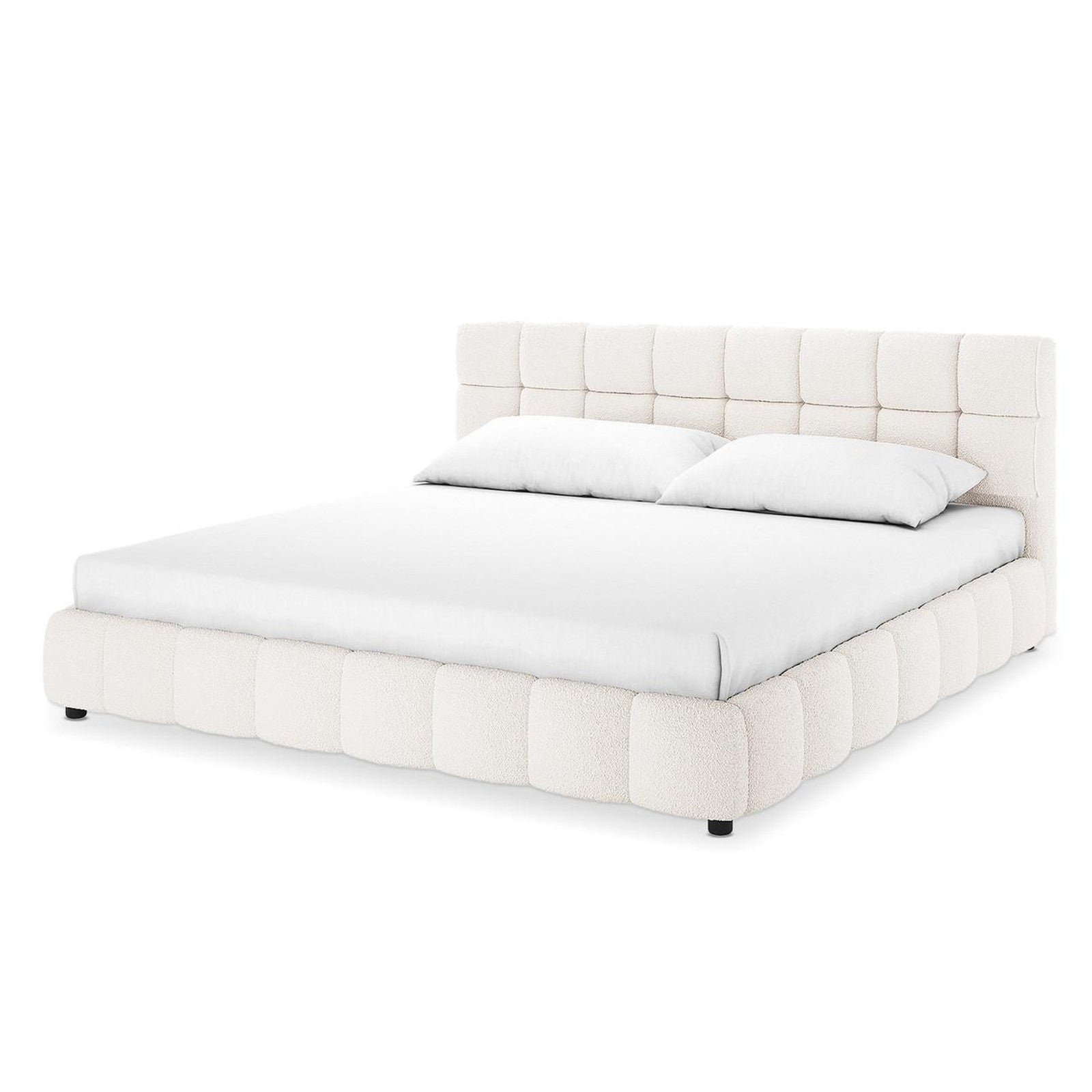 Nikias Super King Boucle Fabric Bed Frame in Cream White features a plush, grid-tufted headboard and quilted rails in luxurious bouclé fabric, complemented by a simple white mattress and pillows.