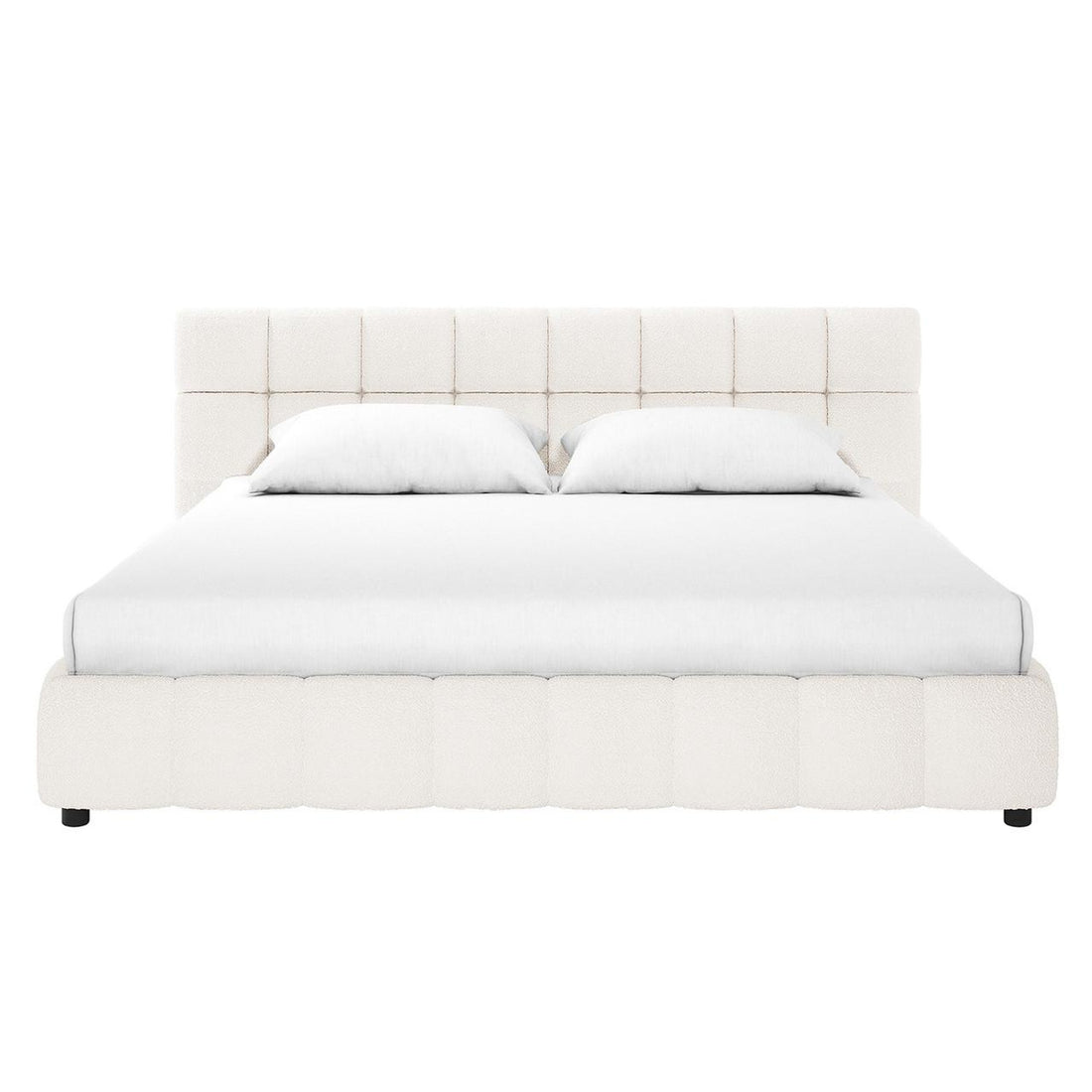 Nikias Super King Boucle Fabric Bed Frame in Cream White, featuring a plush tufted headboard and footboard, upholstered in luxe fabric, with a white mattress and pillows.