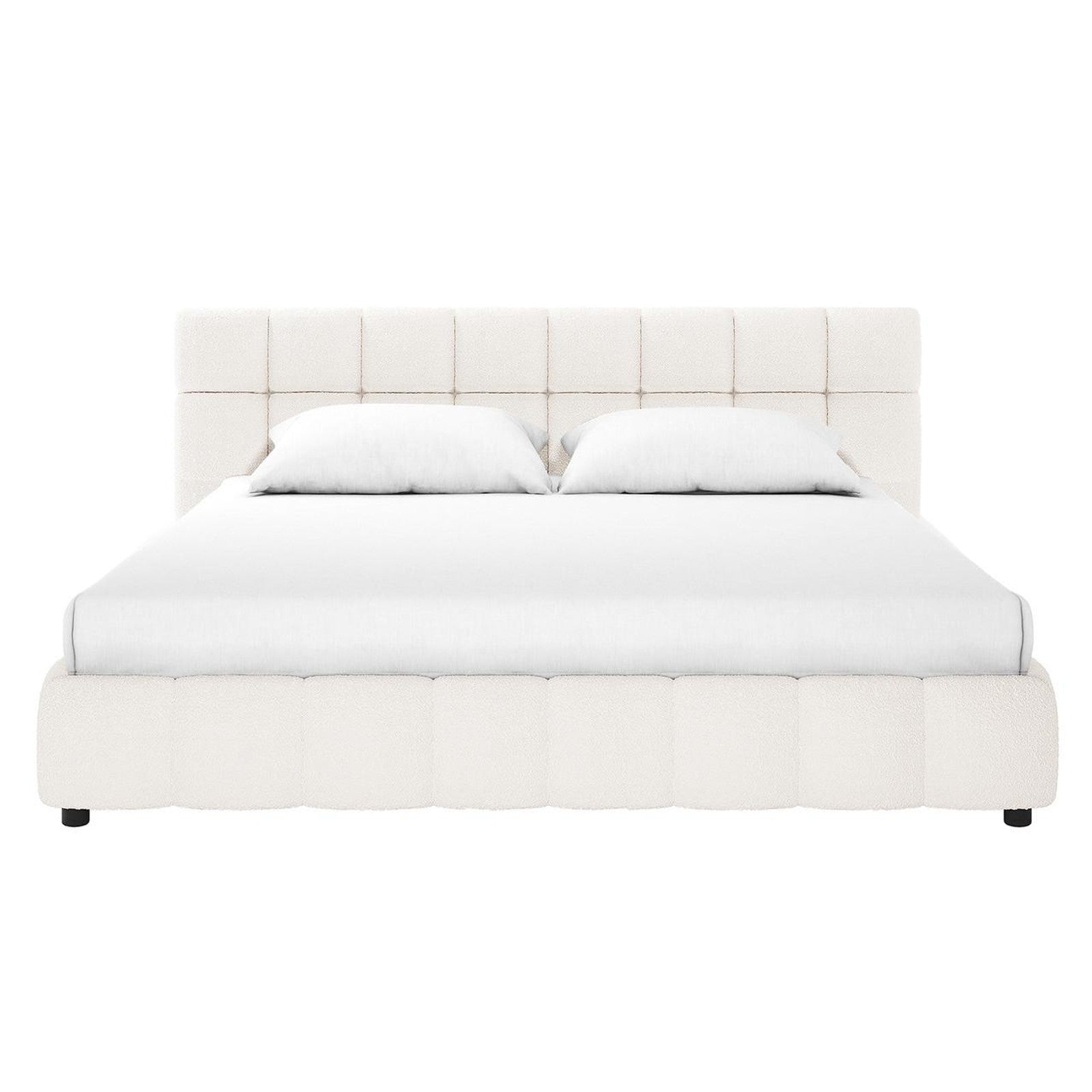 Nikias Super King Boucle Fabric Bed Frame in Cream White, featuring a plush tufted headboard and footboard, upholstered in luxe fabric, with a white mattress and pillows.