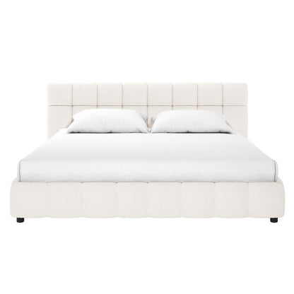 Nikias Super King Boucle Fabric Bed Frame in Cream White, featuring a plush tufted headboard and footboard, upholstered in luxe fabric, with a white mattress and pillows.
