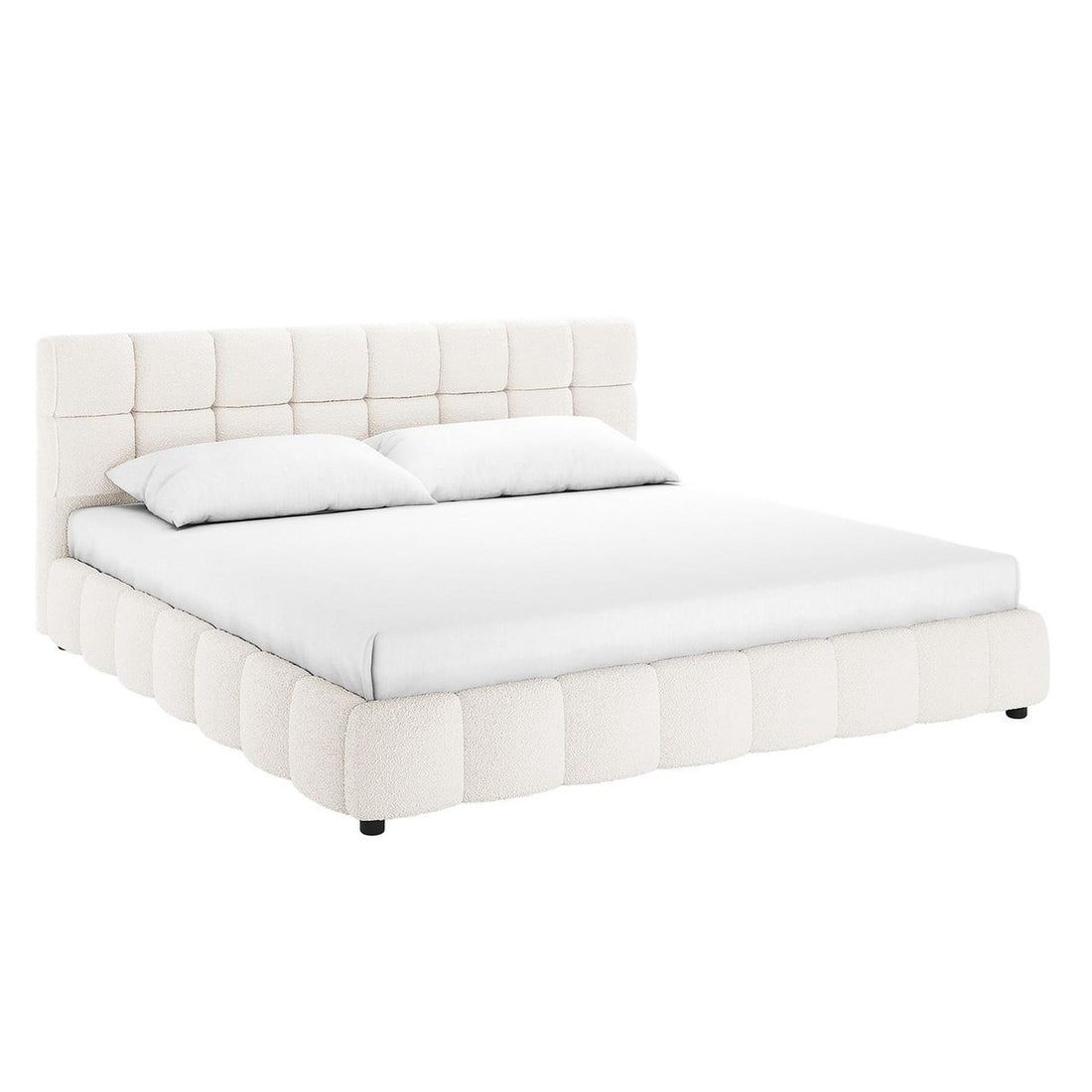 Nikias Super King Boucle Fabric Bed Frame in Cream White with a padded, grid-tufted headboard and matching frame rails, upholstered in luxurious cream boucle, creating a sophisticated, plush bedroom centerpiece.