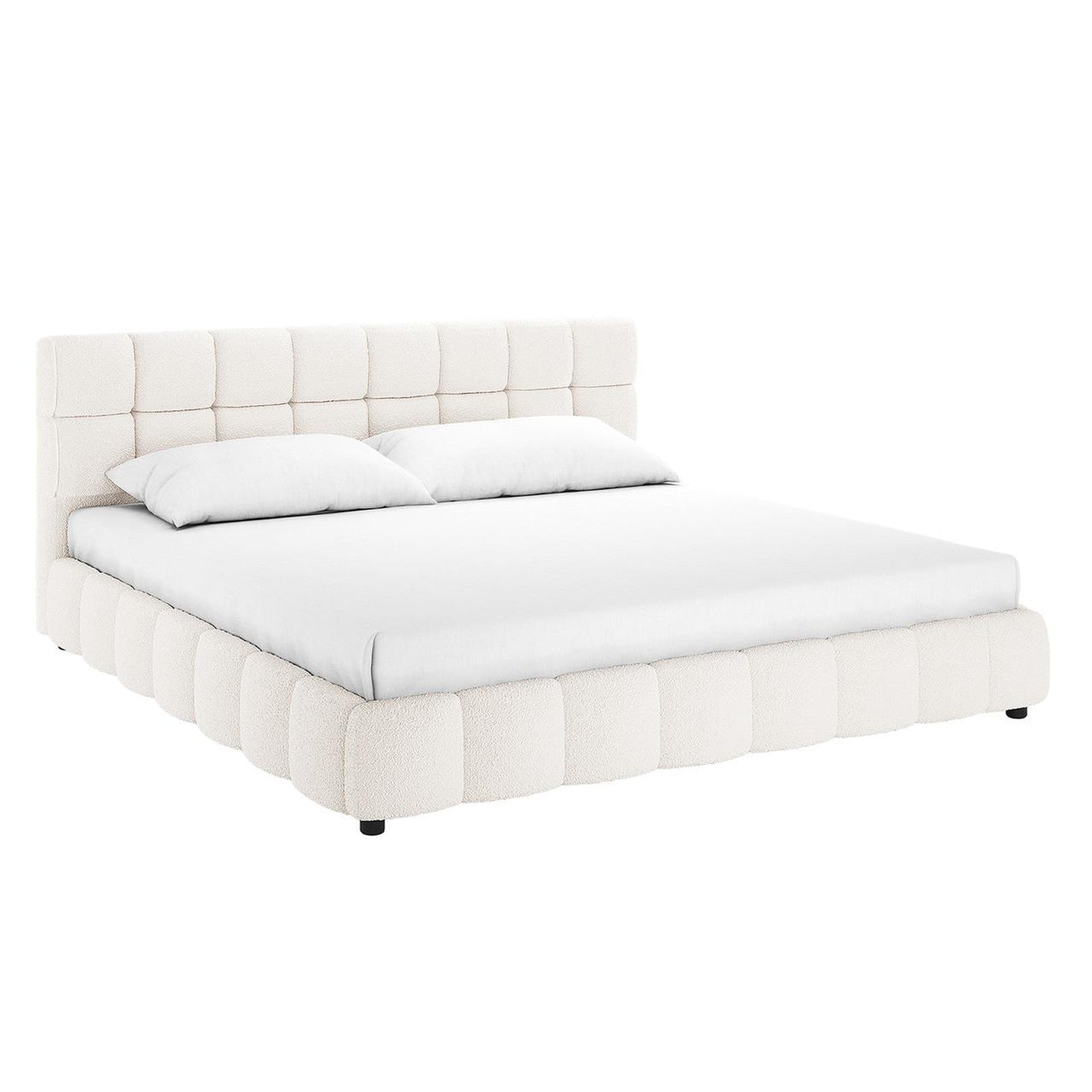 Nikias Super King Boucle Fabric Bed Frame in Cream White with a padded, grid-tufted headboard and matching frame rails, upholstered in luxurious cream boucle, creating a sophisticated, plush bedroom centerpiece.
