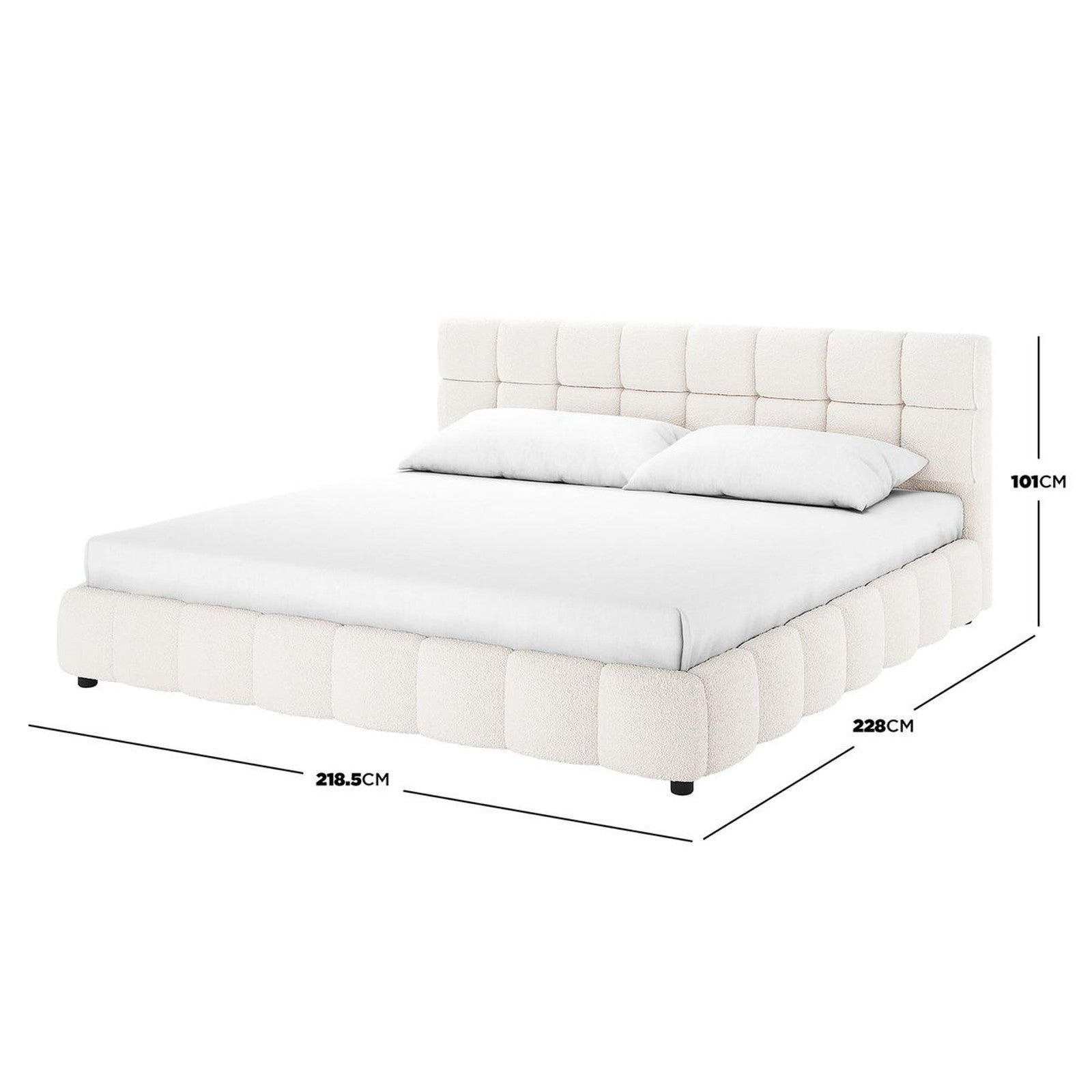 Nikias Super King Boucle Fabric Bed Frame in Cream White features a square-tufted headboard and base in boucle fabric, modern silhouette with short black feet, shown with a mattress and pillows.
