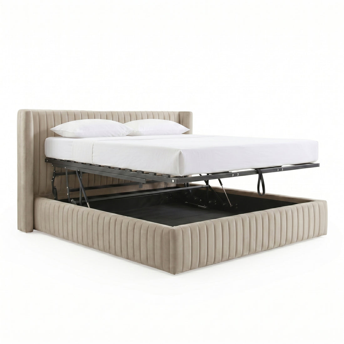 Nina King Velvet Gas Lift Storage Bed Frame in Warm Grey