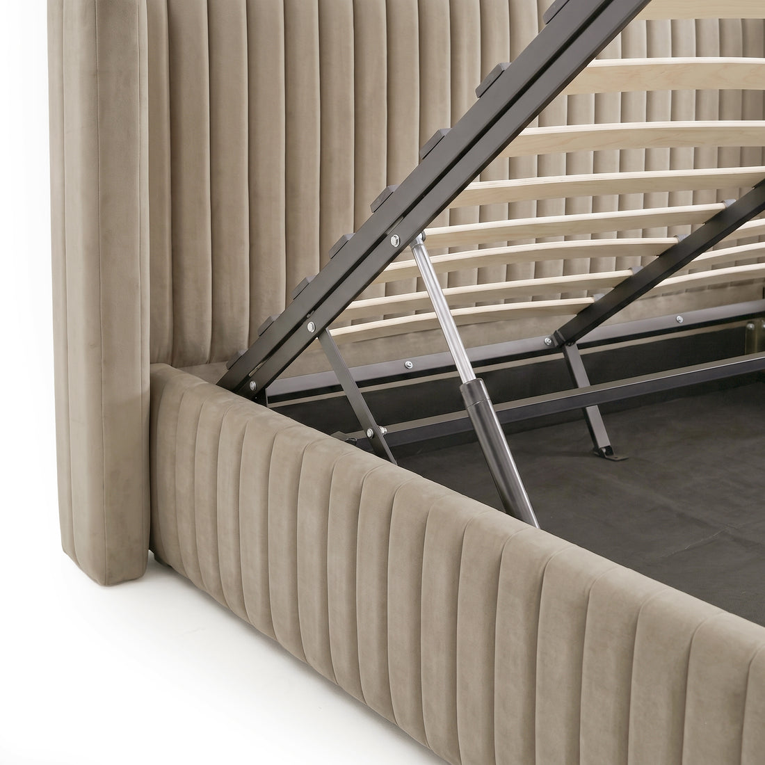 Nina King Velvet Gas Lift Storage Bed Frame in Warm Grey